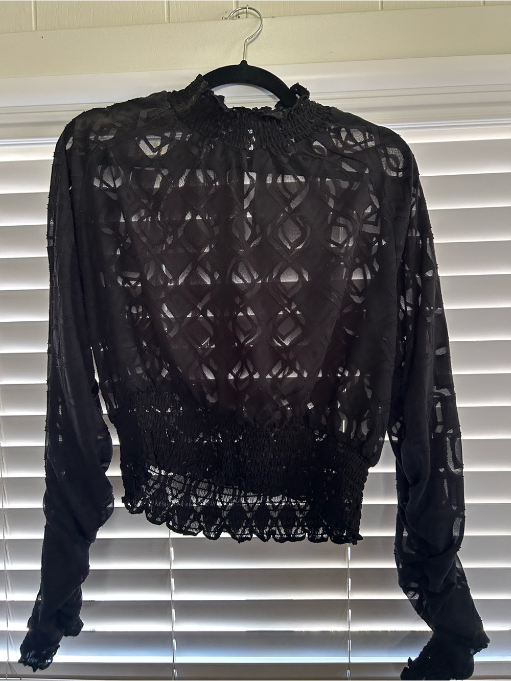 Forever 21 Black Sheer Lace Smocked Waist Blouse